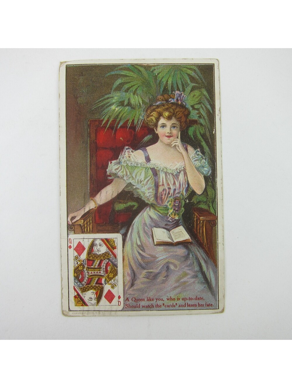 Postcard Queen of Diamonds Playing Card Lady in Purple Dress & Book Antique 1911